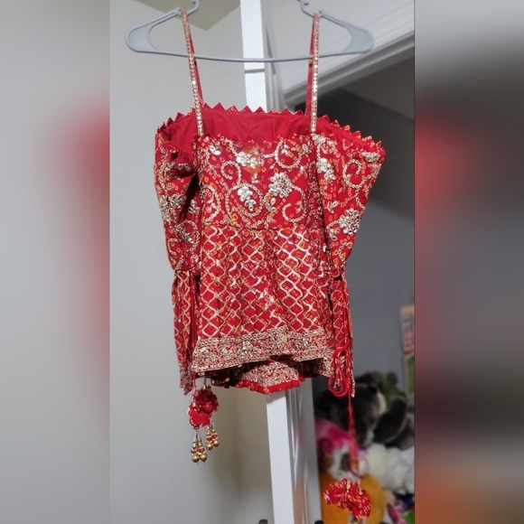 Red Readymade Embroidered Suit With Bandhej Sharara - Picture 3 of 9